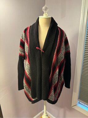 J.Jill Black and Red Patterned Shawl Collar Women's Sweater Cardigan